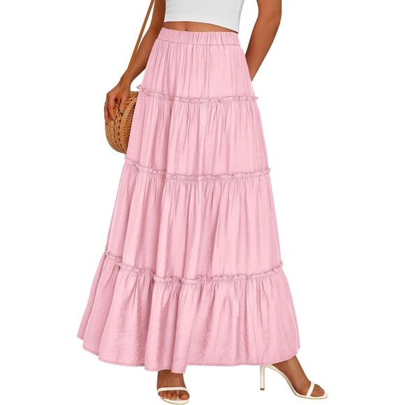 Dresses & Skirts - Women's Light Pink Boho Flowy A Line Tiered Beach Vacation Clothes Maxi Skirt